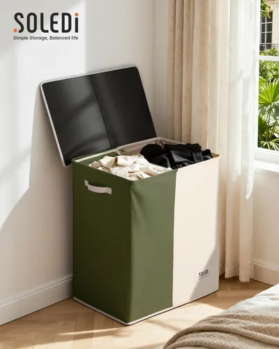 Vista 8 de SOLEDI Cesta de lavandería grande doble con tapa, cesta de ropa plegable de 2 secciones con bolsas extraíbles, cesta de lavandería que ahorra
