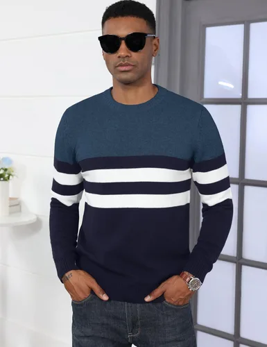 Vista 2 de MAGCOMSEN Suéter de cuello redondo para hombre, con bloques de color, a rayas, suéter de punto térmico suave, suéter de manga larga, suéter casual