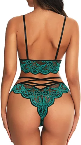 Vista 7 de Donnalla Conjunto de lencería sexy de encaje y bragas de malla de 2 piezas para mujer