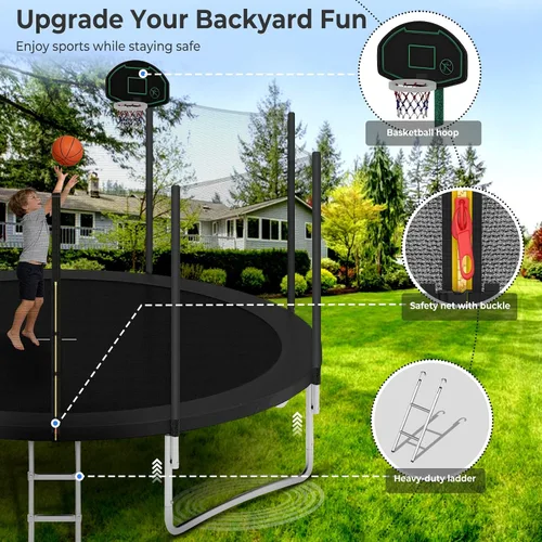 Vista 3 de Lyromix Trampolín mejorado con luces, trampolín grande para exteriores con aspersor, aro de baloncesto y red, capacidad para 5-8 niños y adultos