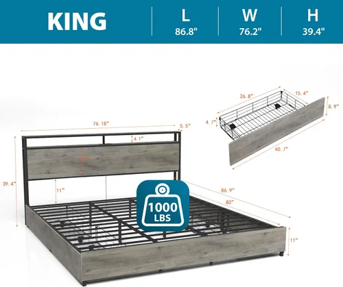 Vista 2 de Kiivakii Base de cama tamaño King con 4 cajones de almacenamiento, plataforma LED con cabecero, estación de carga integrada, sin ruido, base de Gris