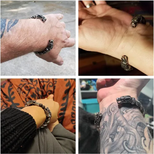 Vista 4 de TURTLEDOVE Brazalete con cabeza de lobo vikingo Fenrir - Torca ajustable de acero inoxidable nórdico escandinavo
