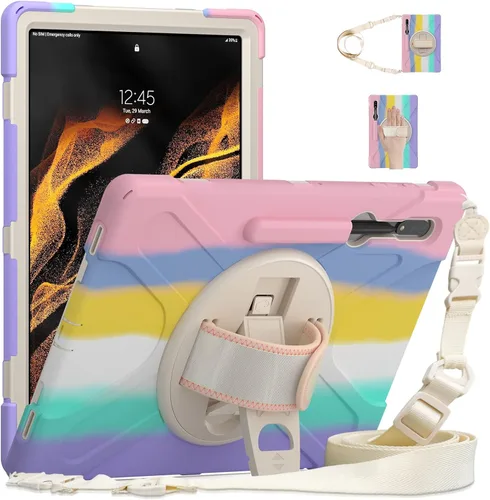 Vista 8 de Funda a prueba de golpes para Galaxy Tab S8 Ultra de 14.6 pulgadas 2022, funda resistente con cinturón de mano giratorio de 360°, correa de hombro