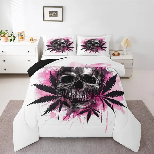 Vista 23 de Juego de edredón de polilla de la muerte, juego de ropa de cama tamaño individual, diseño de calavera gótica, flores botánicas, juego de edredón