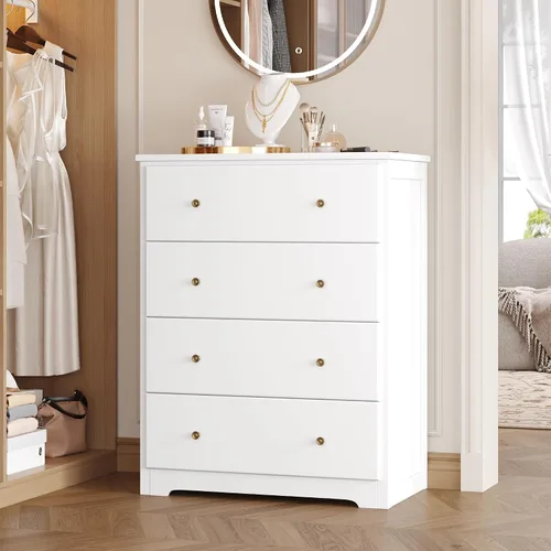 Vista 2 de HOUSUIT Cómoda blanca, cómoda de 4 cajones, cómoda alta moderna, armario de almacenamiento de madera para sala de estar, pasillo, entrada, oficina