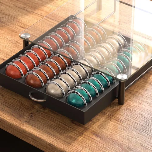 Vista 5 de Deco Brothers cajón de almacenamiento con soporte para cápsulas Nespresso vidrio templado, VertuoLine Negro