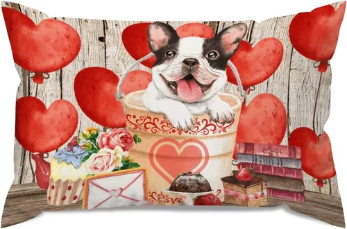 Vista 21 de Fundas de almohada lumbar con textura de madera rústica para perro en cubo, diseño de corazón rojo para el día de San Valentín, fundas de almohada