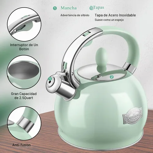 Vista 4 de RETTBERG Teteras de té, teteras silbantes de inducción de 2.64 cuartos de galón, teteras de acero inoxidable de grado alimenticio con mango de tacto