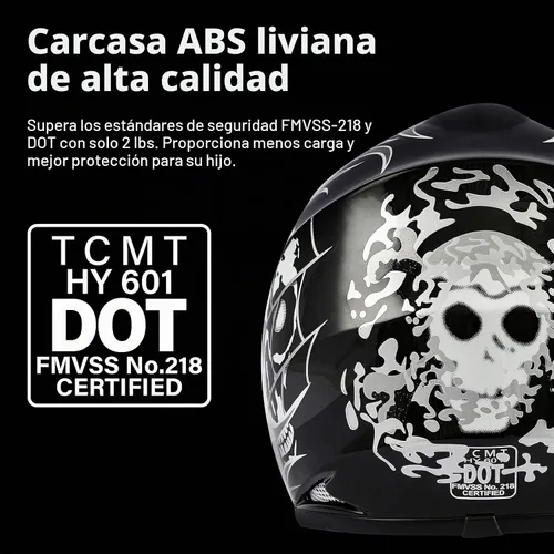 Vista 2 de TCMT Dot - Casco de motocross para niños y jóvenes con gafas y guantes Negro (Black Skull)