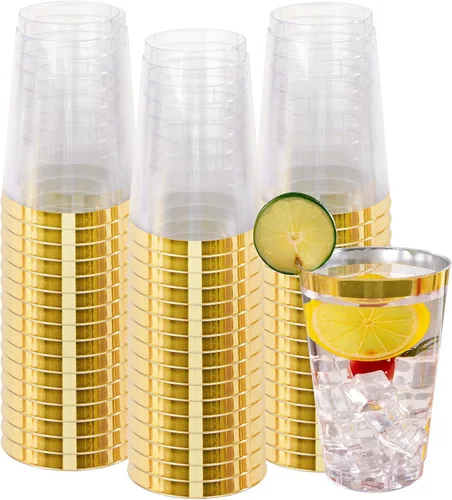 Vista 17 de I00000 Paquete de 100 vasos de plástico dorados de 14 onzas, vasos desechables de plástico con purpurina dorada, copas de vino desechables, copas