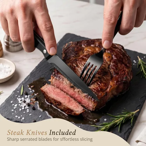 Vista 6 de Hiware Juego de cubiertos negros de 48 piezas para cubiertos de acero inoxidable 18/10 con tenedores, cuchillos, cucharas, cuchillos para carne