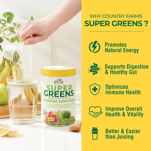 Vista 4 de Country Farms Super Greens Batido en Polvo de Manzana y Plátano, Súper Alimentos Orgánicos, Mezcla de Bebida Orgánica USDA, Frutas, Verduras