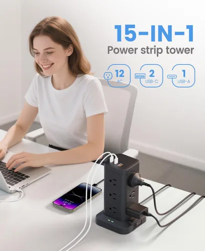 Vista 3 de Torre de regleta de alimentación con protector de sobretensiones de 1800J, torre de carga rápida PD20W puertos USB-C con 12 salidas de CA, cable