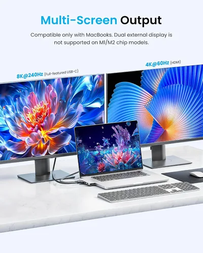 Vista 8 de VENTION Hub USB C 6 en 2 para MacBook Neo/Air/PRO, 80Gbps desmontable magnético 8K USB-C Dock con HDMI 4K a 240Hz, PD máximo de 140 W