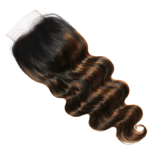 Vista 5 de UNICE Ombre Highlight Body Wave cierre de encaje 4x4 parte libre, cabello humano marrón cierre ondulado con raíces oscuras, color FB30 de 16