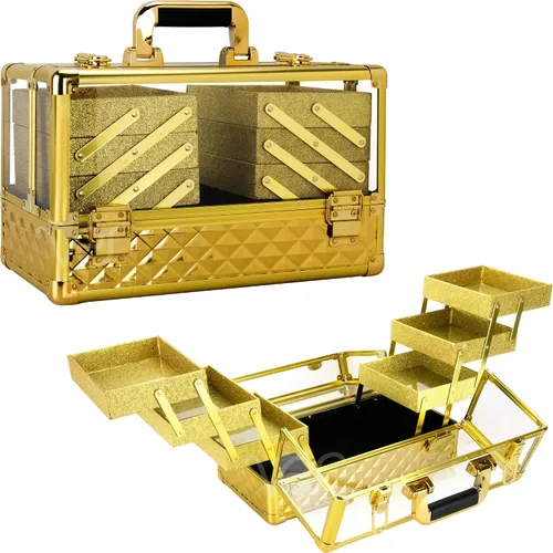 Vista 12 de Ver Beauty Estuche de tren de maquillaje de diamante negro con 6 bandejas de acordeón, organizador de cosméticos con cerradura