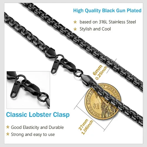 Vista 4 de PROSTEEL Stylish Stainless Steel Flat Box Chain Necklace, SilverGoldBlack Tone, Nickel-Free, Hypoallergenic Jewelry, 14-30, Come Gift Box