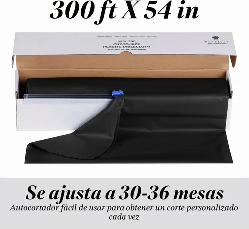 Vista 4 de Goodluck Manteles de Plástico de 54 Pulgadas X 300 Pies con Caja Cortadora, Rollo de Cubierta de Mesa Desechable Negro, Mantel de Plástico