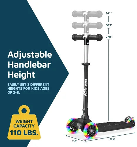 Vista 7 de Lifemaster Mini 3-Wheel Kids Scooter with Multi-Color Wheel Lights – 4-Height Adjustable Handlebar, Wide Anti-Slip Deck, Child Safety Certified