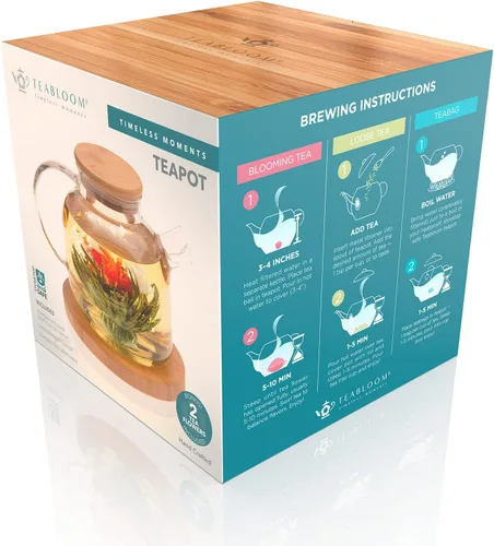 Vista 5 de Teabloom Tetera de vidrio segura para estufa con tapa de bambú (40 onzas/40.6 fl oz) + boquilla de filtro de té de hojas sueltas + 2 tés