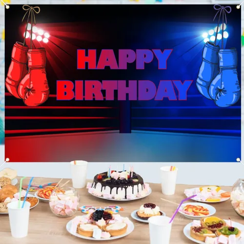 Vista 2 de Cartel de fondo de fiesta de cumpleaños con temática de boxeo, ideal para niños o niñas, fiestas temáticas de boxeo, noches de lucha y fiestas