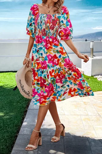 Vista 5 de PRETTYGARDEN - Vestidos informales de verano y primavera para mujer, manga abombada, cuello cuadrado, acampanados, bohemios, florales, fruncidos