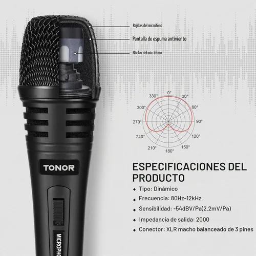 Vista 3 de TONOR Micrófono vocal K1 para cantar, micrófono de karaoke dinámico de mano con cable, microfono con cable XLR de 5 M a 1/4 pulgadas, compatible