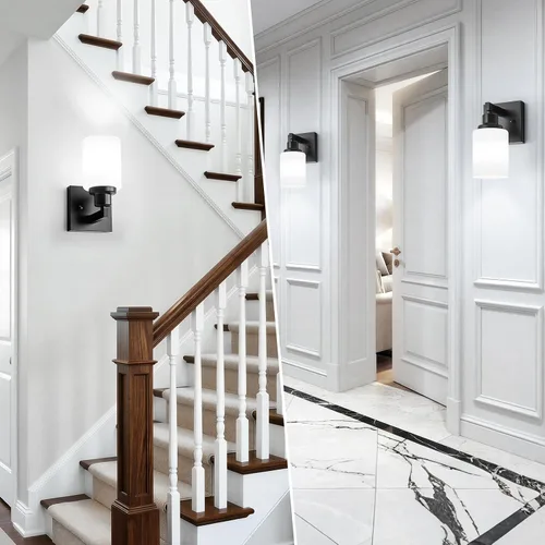 Vista 5 de Juego de 2 apliques de pared para baño, 1 luz negra, apliques de pared modernos para interiores con pantallas de vidrio blanco, lámpara de pared