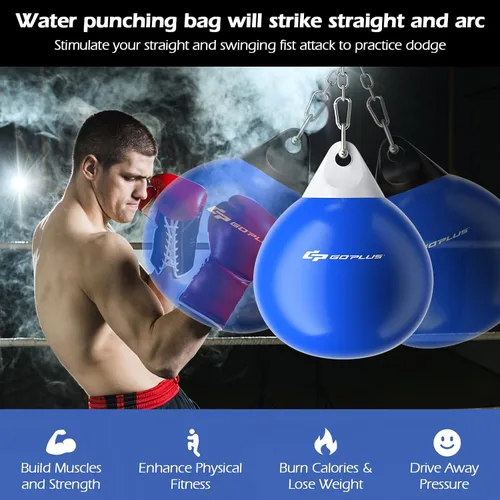 Vista 9 de Goplus Bolsa de Agua Aqua, Bolsa de Boxeo Pesada de 180 Libras de 21 Pulgadas / 110 Libras de 18 Pulgadas con Cadena Metálica Ajustable, Manguera