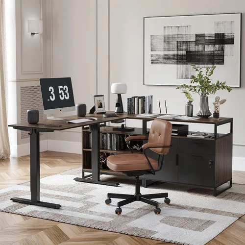 Vista 2 de FEZIBO Escritorio de pie en forma de L de 66 pulgadas con cajones y estantes, mesa ejecutiva de altura ajustable, parte superior de nogal