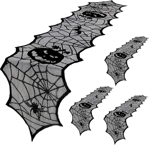 Vista 7 de B-COOL Camino de mesa de telaraña de Halloween, tela de araña negra, 2 paquetes de 18 x 72 pulgadas, mantel espeluznante de poliéster para fiestas