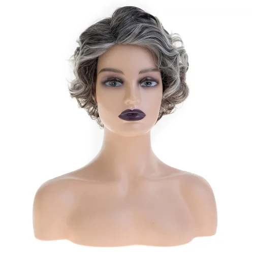 Vista 2 de Pelucas cortas rizadas y esponjosas para mujer, peluca sintética resistente al calor para Halloween, cosplay, peluca de pelo Gris mezclado