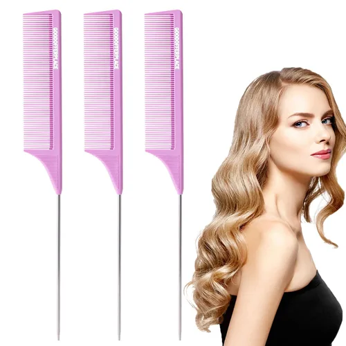 Vista 10 de 4 peines de cola de rata, peines de cola de rata, peine de dientes finos con púa de metal para cabello rizado, peines desenredantes para mujeres