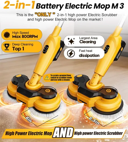 Vista 2 de qimedo Trapeador Eléctrico Inalámbrico con Batería de 6000mAh M1 Pro, Fregadora Eléctrica de 800RPM y Trapeadores para Limpieza de Pisos