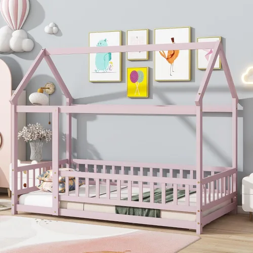 Vista 18 de Harper & Bright Designs Marco de cama de piso de casa de tamaño individual con barandillas de techo y valla, cama Montessori de madera maciza, fácil