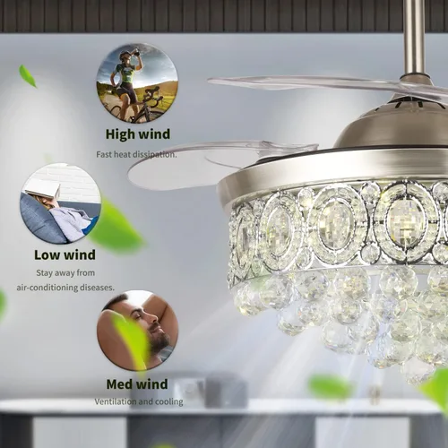 Vista 9 de Ventilador de techo de araña de cristal de 42 pulgadas con luces y cuchillas retráctiles de control remoto, moderno ventilador LED de iluminación