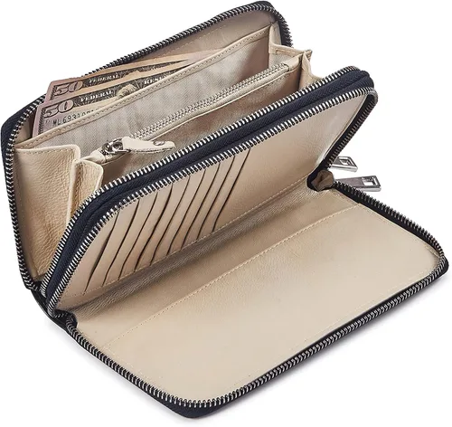 Vista 5 de Zinda Genuine Leathers Cartera de mujer con protección RFID larga con doble cremallera alrededor, Azul marinobeige, Cartera para mujer