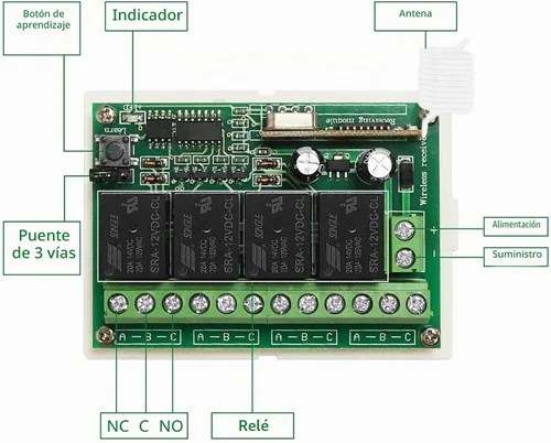 Vista 4 de Interruptor Remoto de Relé de 12V Interruptor de Control Remoto Inalámbrico RF Módulo de Relé de 4 Canales Transmisor de 433Mhz Kit Receptor