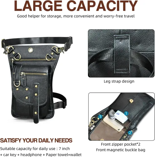 Vista 4 de Handadsume Riñonera de lona resistente al agua + cuero para motocicleta, riñonera de viaje para muslo, bolsa para hombres y mujeres, FB2141, 100%