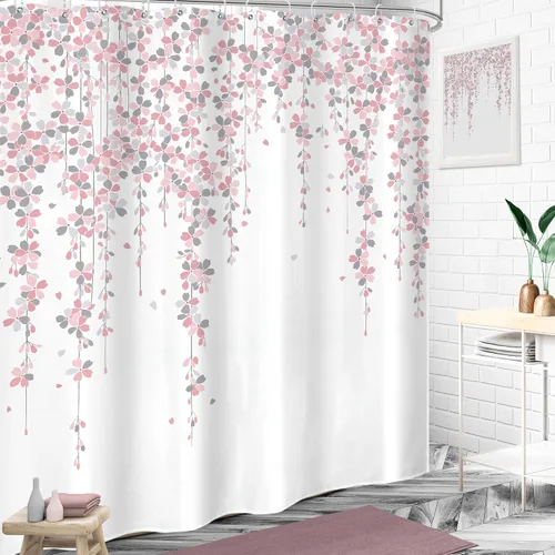 Vista 2 de Cortina de ducha floral gris y rosa de 72x72 pulgadas, flores de cerezo en rosa polvoriento y flores llorosas en primavera, tela impermeable