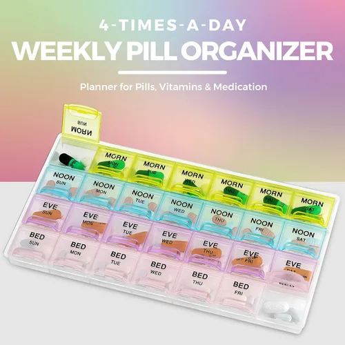 Vista 2 de Organizador de píldoras, organizador de pastillas grande con compartimentos semanales y diarios 4 veces al día para mañana, mediodía, noche, noche
