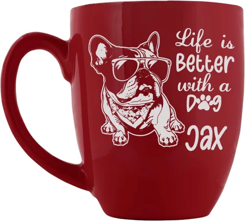 Vista 2 de PlaqueMaker Taza de café bistró de cerámica personalizada, texto grabado con láser, 16 onzas (rojo)