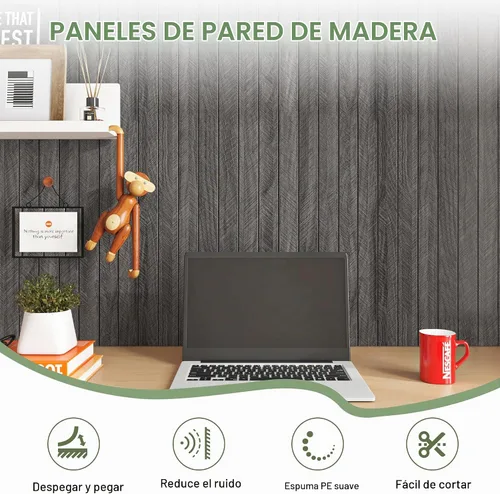 Vista 2 de ReWallpaper Paneles acústicos de color negro carbón para despegar y pegar, paneles de pared de listones absorbentes de sonido, paneles de pared