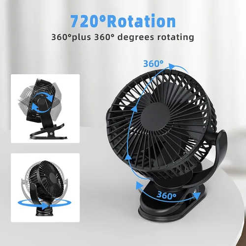 Vista 3 de ATEngeus Ventilador de escritorio recargable con clip USB, 3 velocidades, batería de 5000mAh, rotación de 720, abrazadera resistente para el hogar