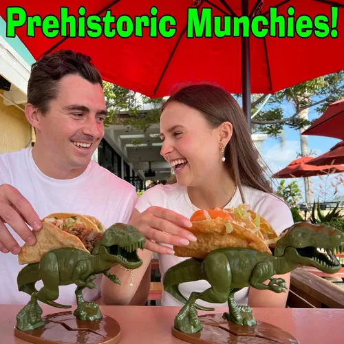 Vista 3 de Funwares Tacosaurus original - Soporte para tacos de dinosaurio, divertido y práctico regalo de elefante blanco, capacidad para 2 tacos