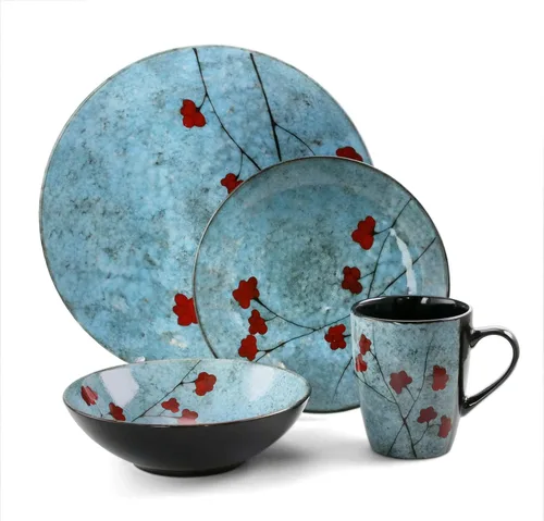 Vista 2 de Elama Floral Accents - Vajilla de 16 piezas, color azul