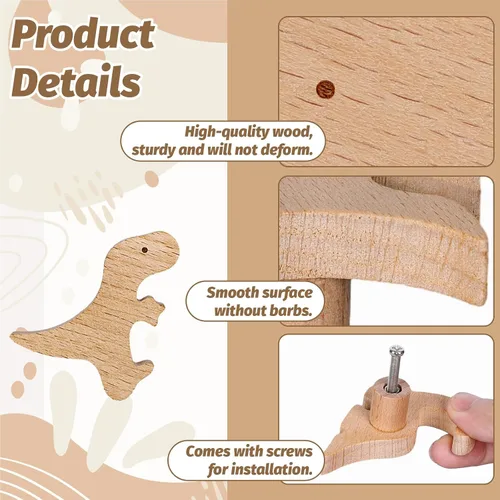 Vista 3 de Whaline 6 pomos de madera de dinosaurio con tornillos decorativos con temática de dinosaurio, pomos de tocador de madera natural, pomo de muebles