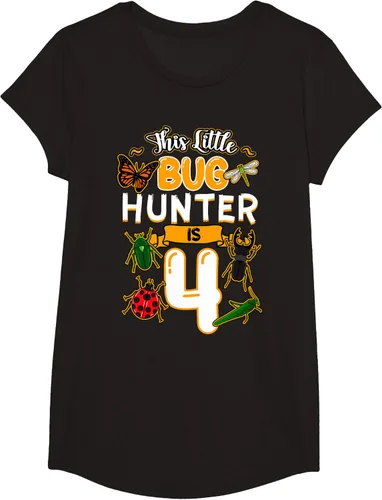 Vista 3 de Camiseta de fiesta de cumpleaños de insectos de este cazador de insectos de 4 años, Negro, S