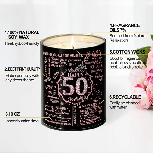 Vista 2 de Regalos de feliz cumpleaños 50 para mujeres, velas perfumadas, velas de decoración del hogar de 50 años, regalo de Navidad para esposa, mamá, novia