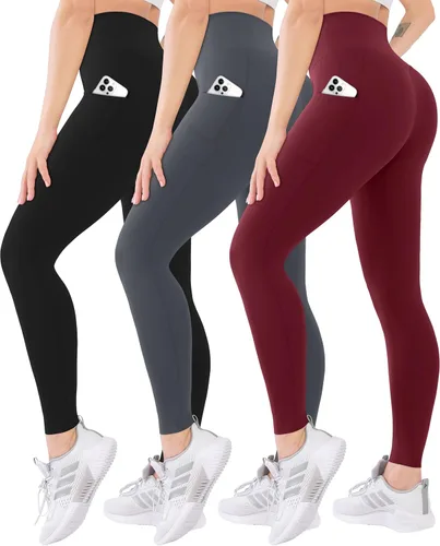 Vista 23 de Blisset - Paquete de 3 leggings de cintura alta para mujer con bolsillos, pantalones suaves y activos para control de abdomen, ideales para yoga